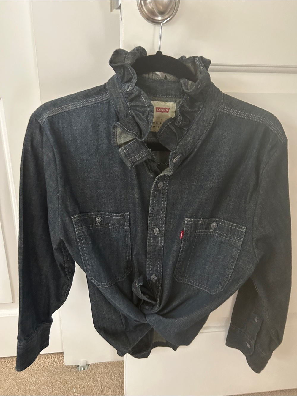 One of a kind Levi's Indigo Denim Shirt Jacket with Ruffled Collar